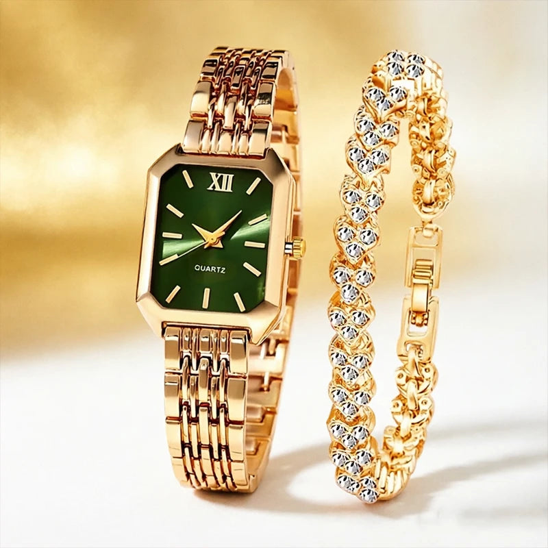 2PCS Fashion Rectangular Dial Women's Quartz Watch Love Bracelet