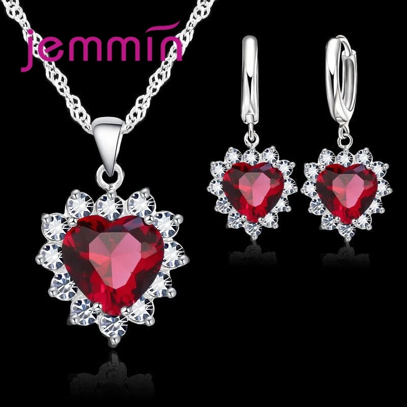 Top Sale Wding Engagement Anniversary Gift Jewelry Sets 925 Silver Color Stamped Heart Pendant Hoop Earrings for Women Girls