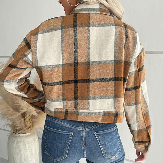 Veste Courte à Carreaux avec Revers et Boutons