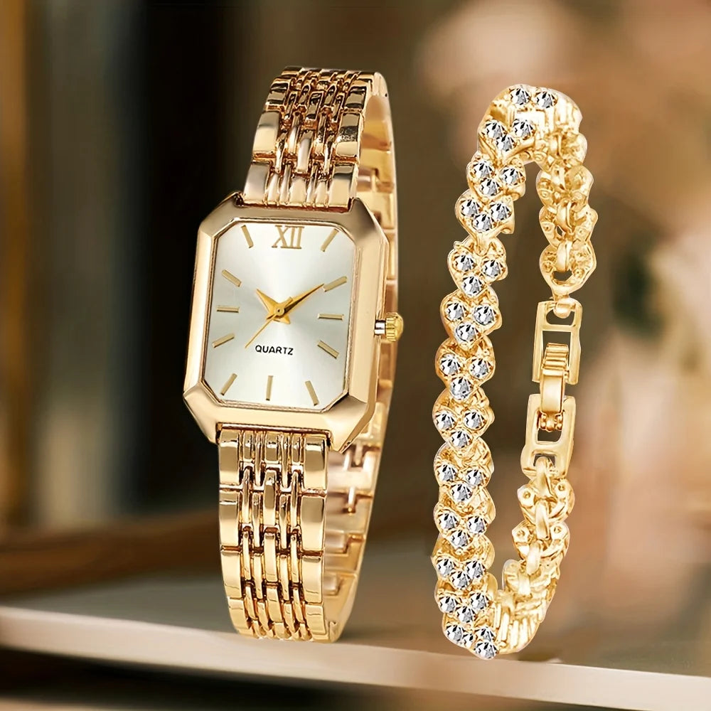 2PCS Fashion Rectangular Dial Women's Quartz Watch Love Bracelet