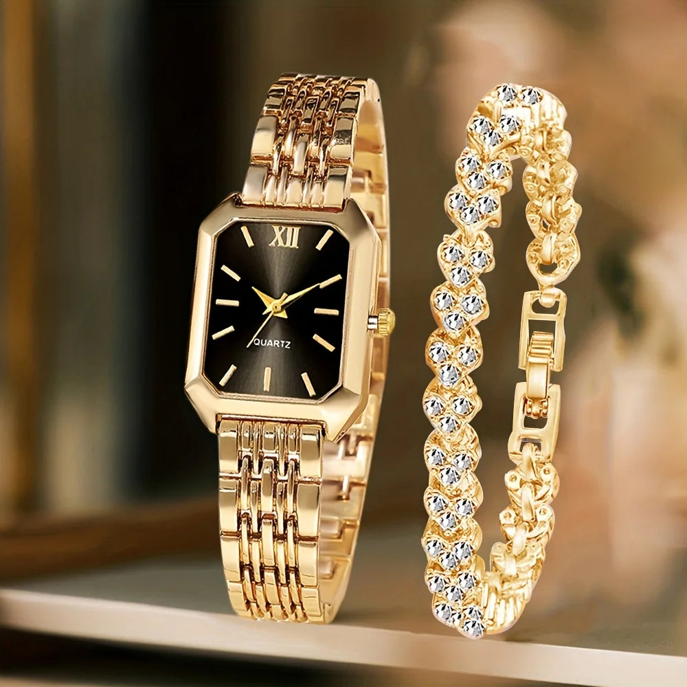 2PCS Fashion Rectangular Dial Women's Quartz Watch Love Bracelet